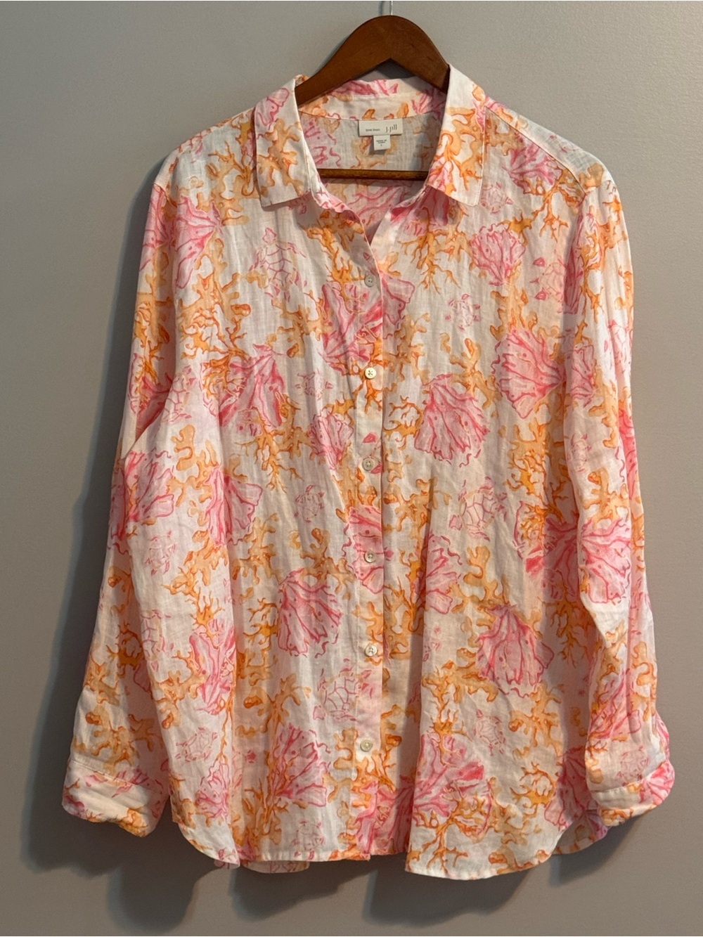J.Jill Love Linen Size L 100% Linen Coral Shell Coastal Button Down Shirt